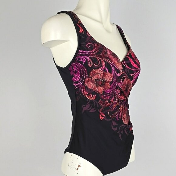 MIRACLESUIT Women's One Piece Tummy Control Swimsuit Black Pink Floral Size 10 - Picture 2 of 11